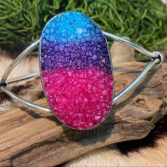 Titanium Druzy Gemstone Sterling Silver Cuff Boho Bracelet - Picture 2 of 7